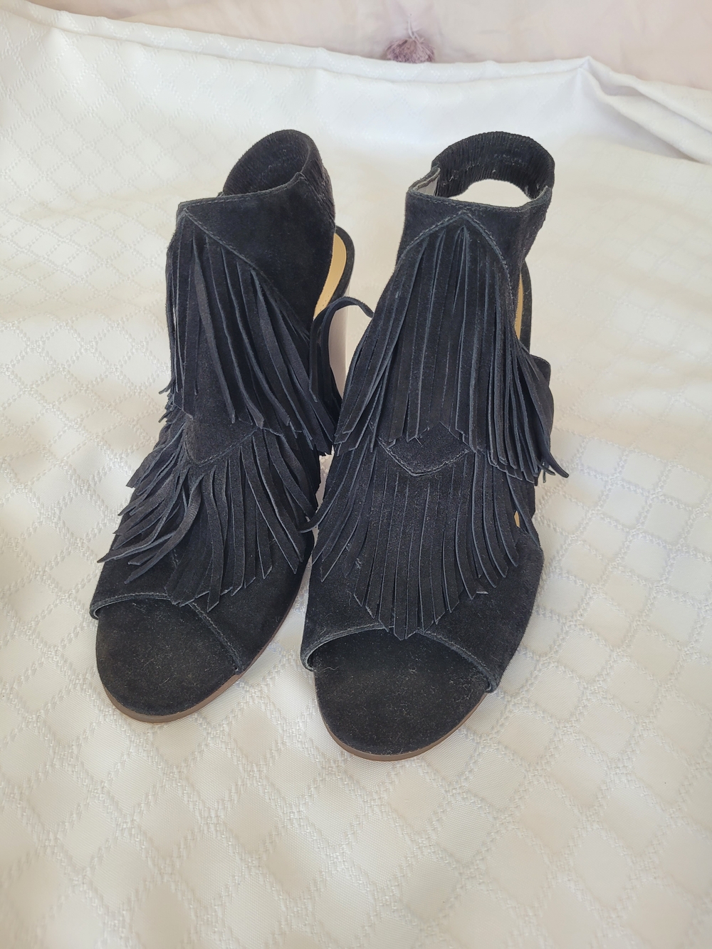 Fringe Open-Toe Women's Heels - Black Suede